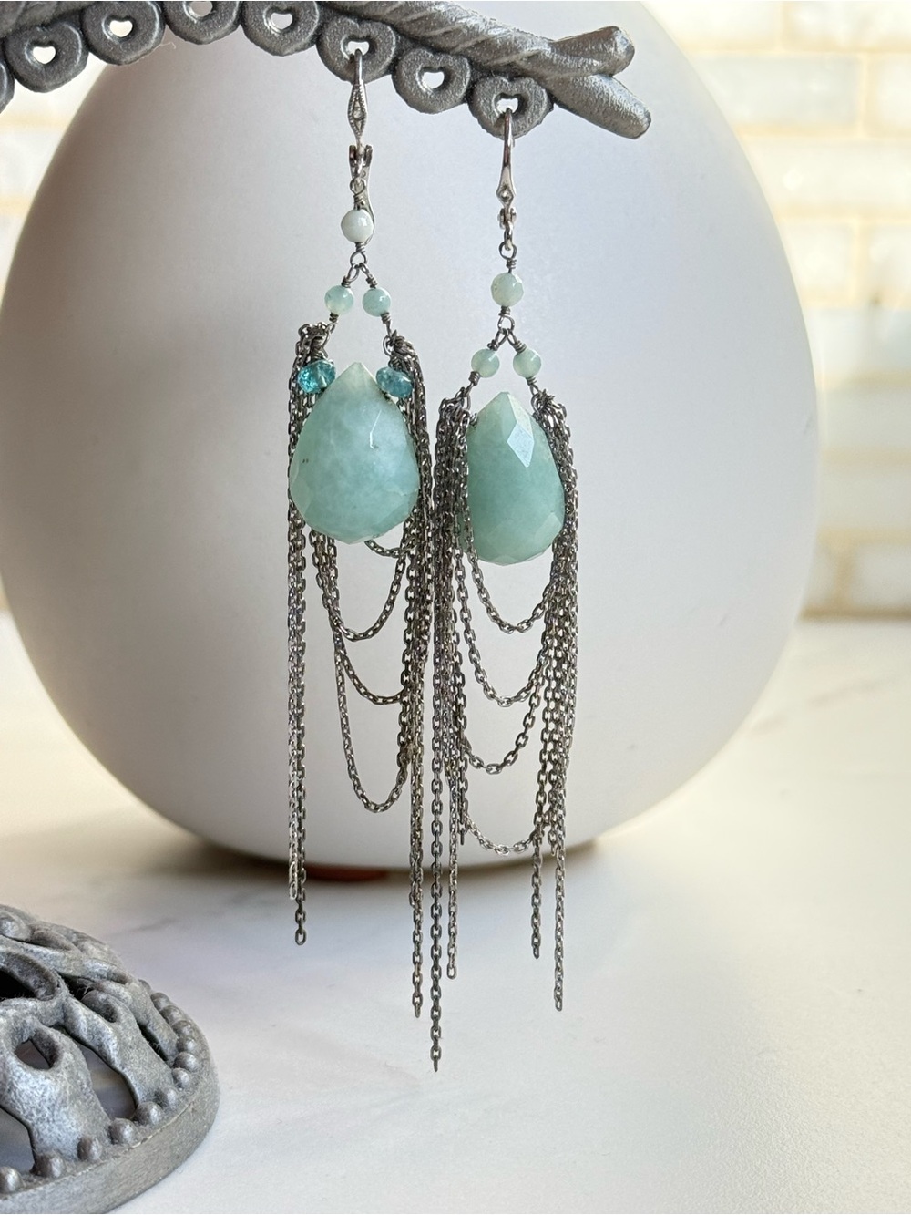 Delicate Vintage Mint Teardrop Chain Fringe Earrings - Women Jewelry